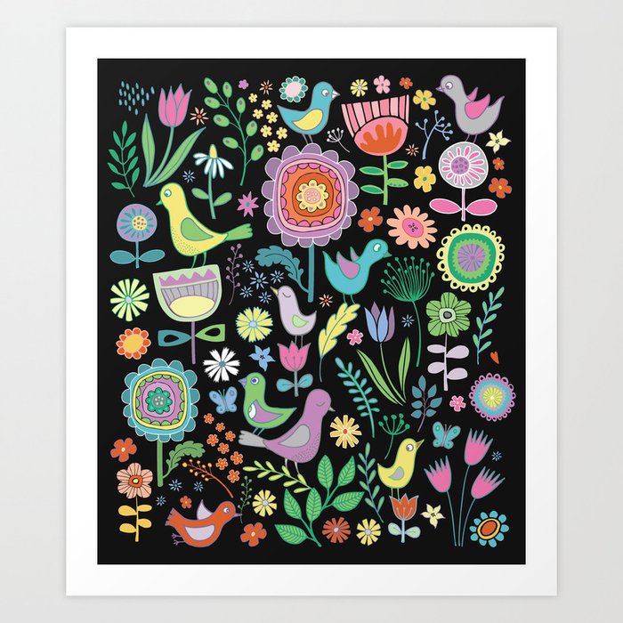 Birds & Blooms - Pastels on Black Art Print