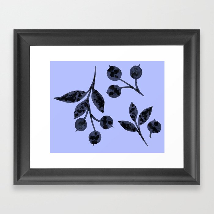 Christmas ornament with snow-covered berries. Hand-drawn watercolor blueberries and leaves on blue. Perfect for greeting cards, postcards, logo, textile, fabric, packaging, wrapping paper. Framed Art Print
