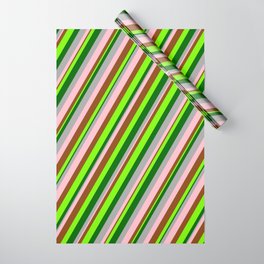 [ Thumbnail: Vibrant Dark Grey, Pink, Brown, Green & Dark Green Colored Lined Pattern Wrapping Paper ]