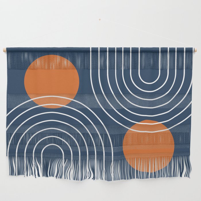 Mid Century Modern Geometric 83 in Navy Blue and Orange (Rainbow and Sun Abstraction) Wall Hanging