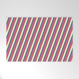 [ Thumbnail: Orchid, Red, Mint Cream, and Forest Green Colored Lines Pattern Welcome Mat ]
