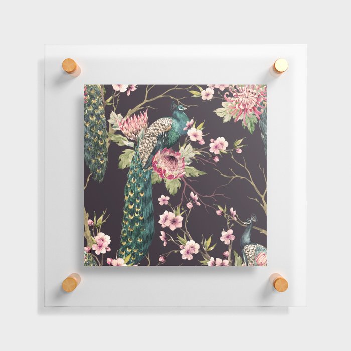 Watercolor pattern peacock on a tree cherry, flowering trees. protea flower, retro colors. tree branches. pink chrysanthemum Floating Acrylic Print
