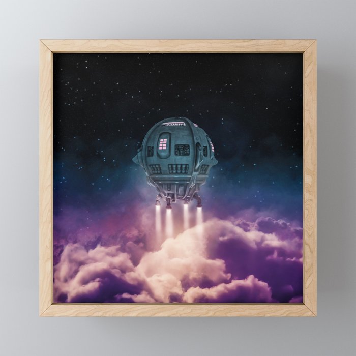 Out of the atmosphere / 3D render of spaceship rising above clouds Framed Mini Art Print