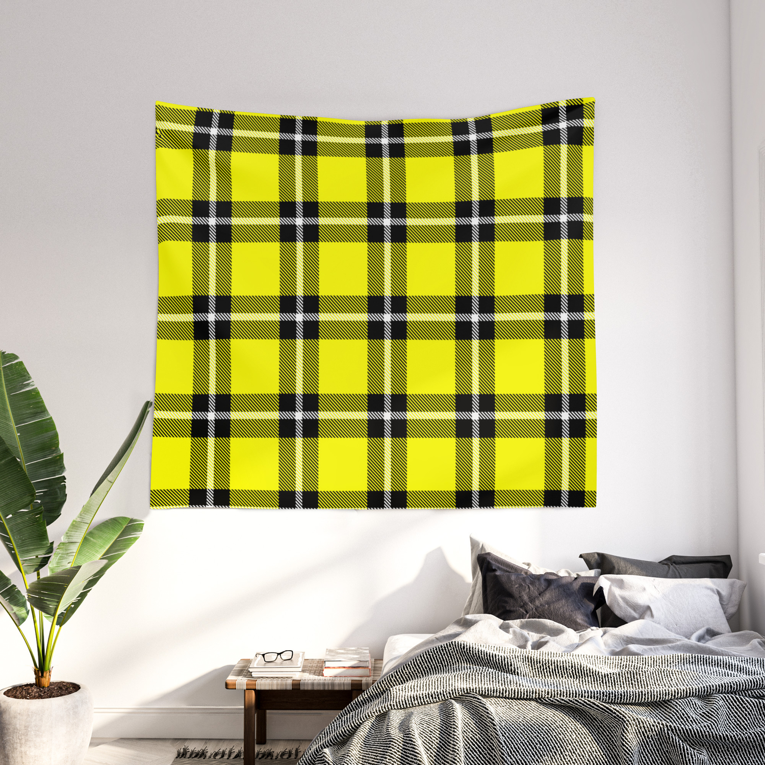 Yellow Ffff00 Color Themed Plaid Scottish Tartan Checkered Fabric Pattern Texture Background Wall Tapestry By Fogsj Society6