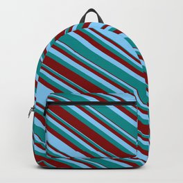 [ Thumbnail: Light Sky Blue, Dark Cyan & Maroon Colored Lined Pattern Backpack ]