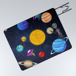 Solar System Planets Space Ship Funny Alien Picnic Blanket