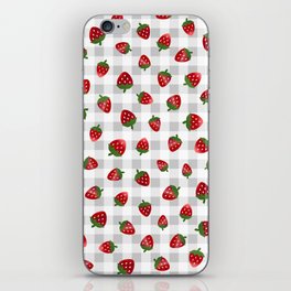 Strawberries All Over - gray check iPhone Skin