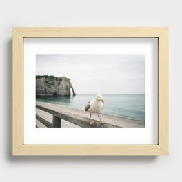 Seagull sitting on the railing in Etretat, Normandy, France - Travel Photography fine art wall print Recessed Framed Print
