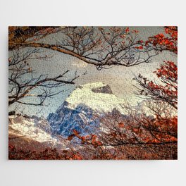 Argentina Photography - Snow-covered Mountain Seen Through The Red Leaves Jigsaw Puzzle