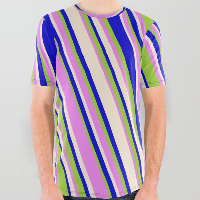 Blue, Green, Violet & Beige Colored Lines Pattern All Over Graphic Tee