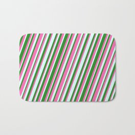 [ Thumbnail: Forest Green, Hot Pink, and Light Cyan Colored Stripes/Lines Pattern Bath Mat ]