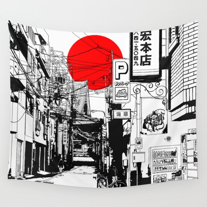 Tokyo street sunrise Wandbehang | Drawing, Architektur, Illustration, Landscape, Graphic-design, Tokyo, Japan, Rising-sun, Asien, Kyoto