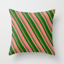 [ Thumbnail: Light Coral and Dark Green Colored Lines Pattern Throw Pillow ]
