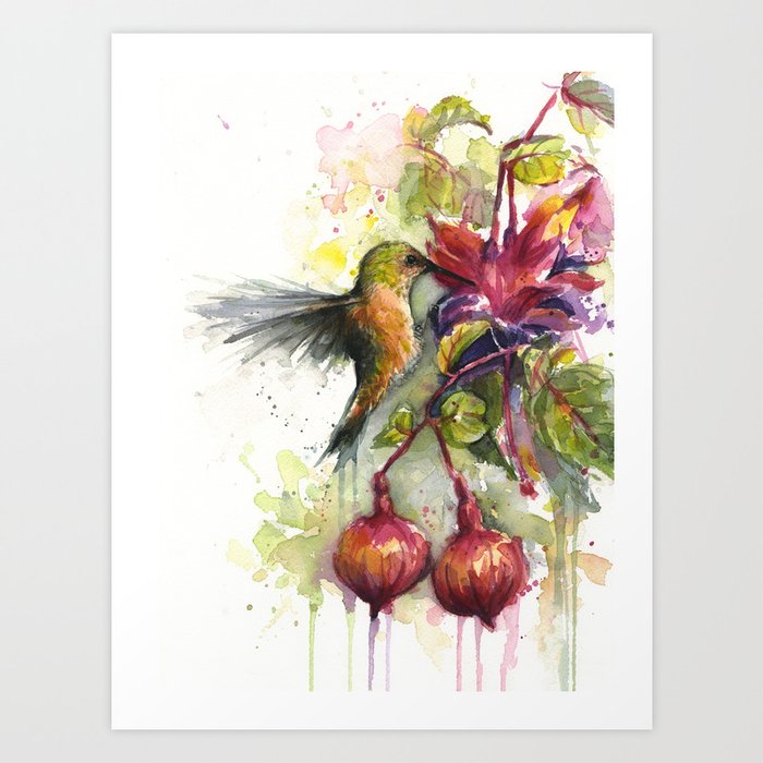 Hummingbird and Fuchsia Watercolor Art Print