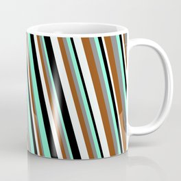 [ Thumbnail: Eyecatching Aquamarine, Gray, Brown, Mint Cream, and Black Colored Striped/Lined Pattern Coffee Mug ]