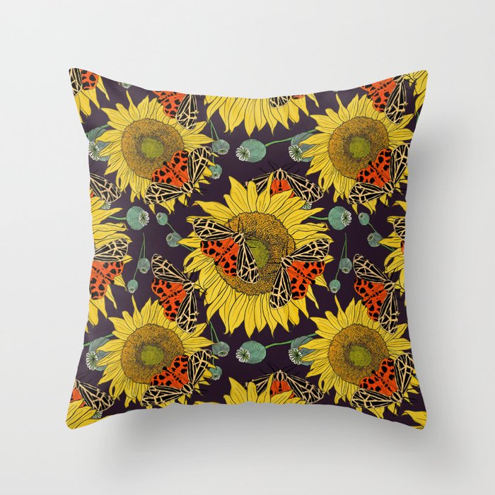 Sunflower, Poppy Pods & Tiger Moth Botanical Plum Throw Pillow