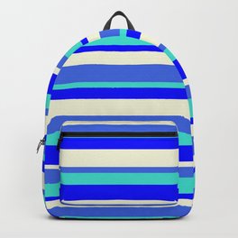 [ Thumbnail: Royal Blue, Turquoise, Blue & Beige Colored Lined Pattern Backpack ]