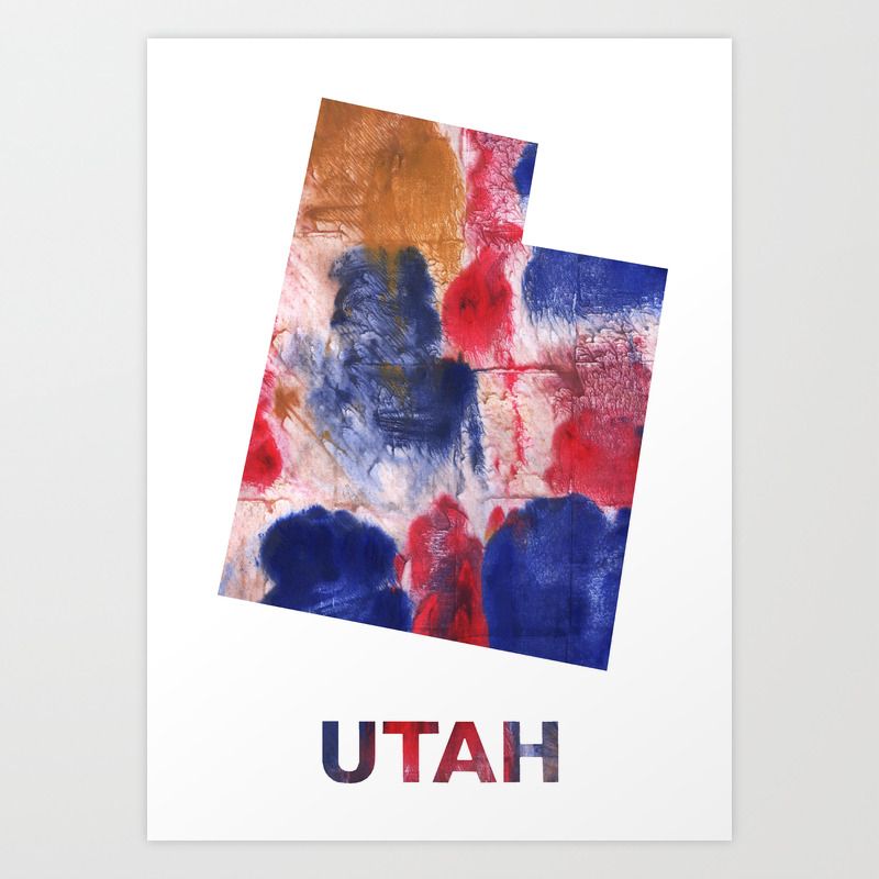 Utah Map Outline Red Blue Brown Watercolor Painting Art Print By