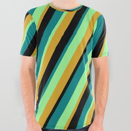 [ Thumbnail: Green, Goldenrod, Black, and Teal Colored Lined/Striped Pattern All Over Graphic Tee ]