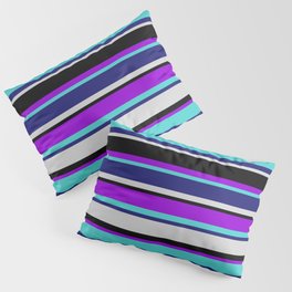 [ Thumbnail: Colorful Dark Violet, Turquoise, Midnight Blue, Light Gray & Black Colored Striped/Lined Pattern Pillow Sham ]