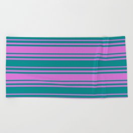 [ Thumbnail: Orchid and Dark Cyan Colored Stripes/Lines Pattern Beach Towel ]