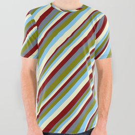 [ Thumbnail: Maroon, Slate Gray, Green, Light Sky Blue, and Light Yellow Colored Stripes/Lines Pattern All Over Graphic Tee ]