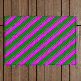 [ Thumbnail: Fuchsia & Green Colored Striped Pattern Outdoor Rug ]