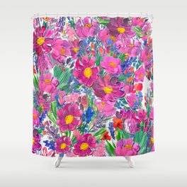 Seamless pattern with Beautiful flowers. Watercolor or acrylic painting. Hand drawn floral background. Wildflower wallpaper with pink wild rose, lavender and pappy. Artistic print Shower Curtain