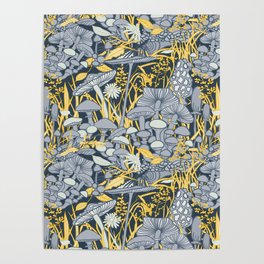 mushroom repeat pattern in dark grey and yellow Poster | Forest Mushrooms, Pattern, Autumn, Mushroom Bloom, Mushroom Leggings, Repeat Pattern, Retro, Yellow, Outdoor, Dark Grey Yellow 