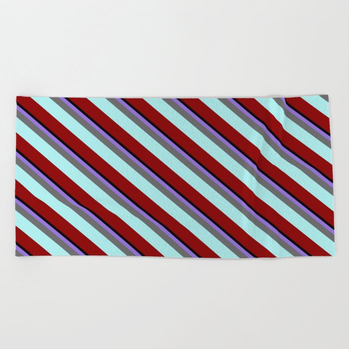 Eye-catching Purple, Dim Gray, Turquoise, Dark Red, and Black Colored Lined Pattern Beach Towel
