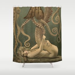 "Mermaid & Octopus No. 4" by David Delamare (No Border) Shower Curtain