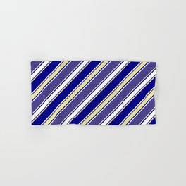 [ Thumbnail: Dark Slate Blue, Pale Goldenrod, Blue & White Colored Lines Pattern Hand & Bath Towel ]