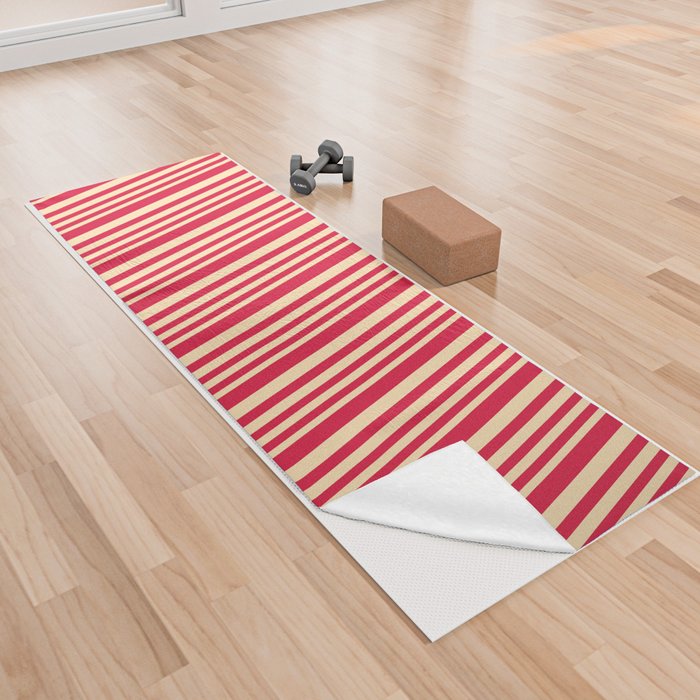 Beige and Crimson Colored Lined Pattern Yoga Towel