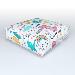 Cute Be Wild & Magical Doodle Illustration Unicorns Rainbows and Dinosaurs Pattern Outdoor Floor Cushion