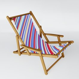 [ Thumbnail: Colorful Tan, Slate Blue, Light Cyan, Cornflower Blue & Crimson Colored Stripes Pattern Sling Chair ]
