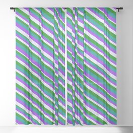 [ Thumbnail: Purple, Lavender, Green, and Dark Cyan Colored Striped/Lined Pattern Sheer Curtain ]
