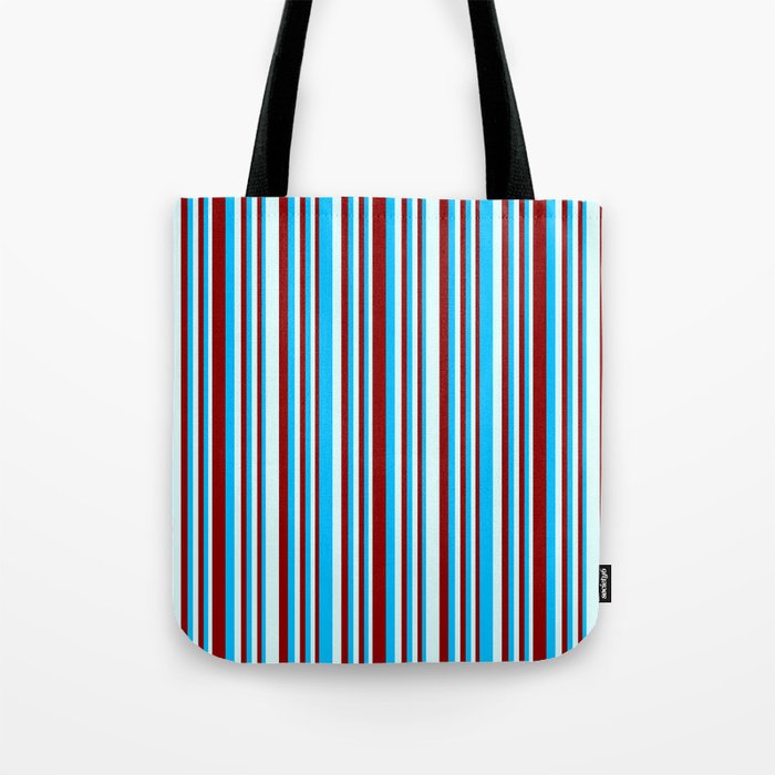 Deep Sky Blue, Dark Red & Light Cyan Colored Pattern of Stripes Tote Bag