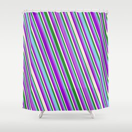 [ Thumbnail: Eye-catching Forest Green, Sky Blue, Orchid, Dark Violet, and Beige Colored Striped/Lined Pattern Shower Curtain ]