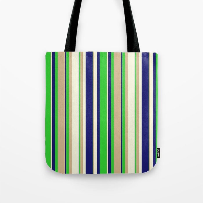 Midnight Blue, Lime Green, Tan & Beige Colored Stripes/Lines Pattern Tote Bag