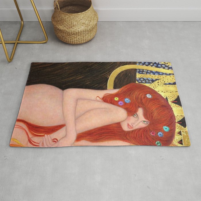 Gustav Klimt Female Goddess with Red Hair from Beethoven Mural Frieze gold period portrait painting Rug