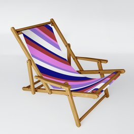 [ Thumbnail: Colorful Blue, Brown, Violet, Purple & White Colored Striped Pattern Sling Chair ]