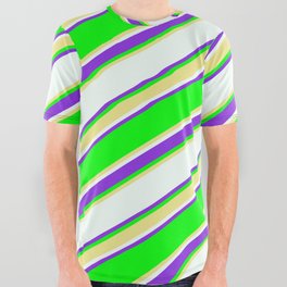 [ Thumbnail: Lime, Tan, Mint Cream & Purple Colored Lined Pattern All Over Graphic Tee ]
