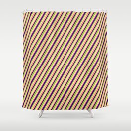 [ Thumbnail: Green, Beige, Light Salmon, and Indigo Colored Stripes Pattern Shower Curtain ]