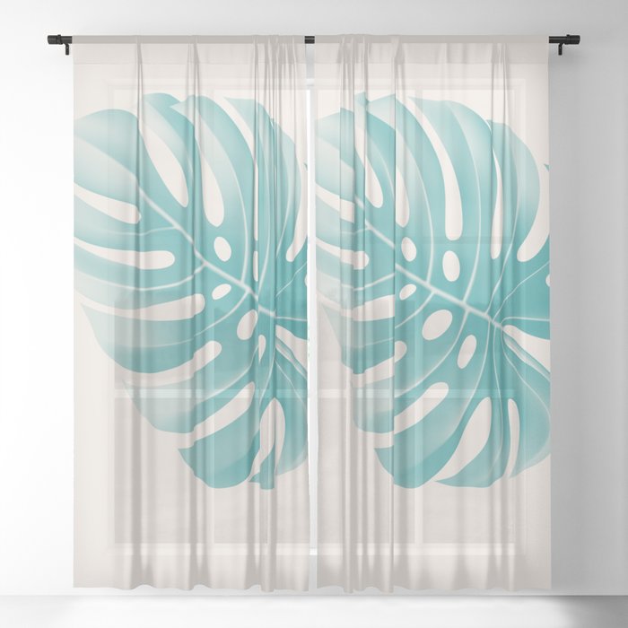 Monstera Tropical Deep Peacock Blue And Gardenia Sheer Curtain By