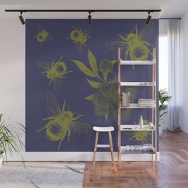 Floral Bumble Bee Print Blue & Yellow Wall Mural