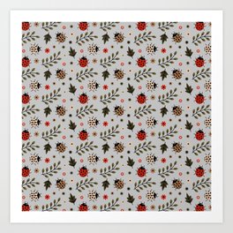 Ladybug and Floral Seamless Pattern on Light Grey Background Art Print | Wildflower, Insect, Bug, Ladybug, Lady, Gray, Wildlife, Seamless, Grey, Plant 