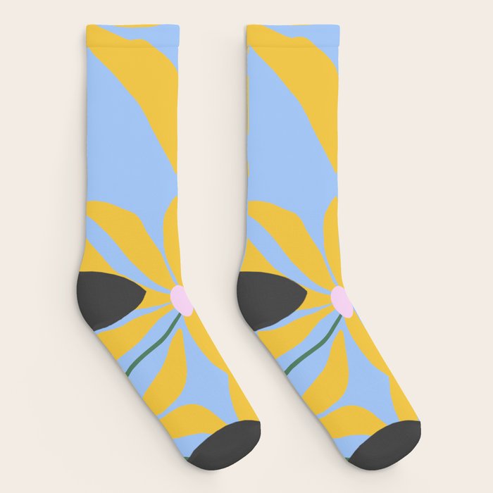 Swirly Floral Illustration in Mustard on Baby Blue Socks