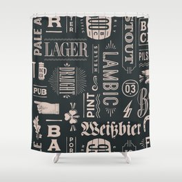 Seamless pattern with types of beer and hand drawn lettering. Vintage drawing. Vintage Illustration Shower Curtain