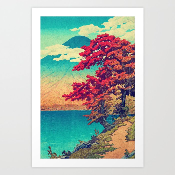 The New Year in Hisseii - Autumn Tree & Mountain by the Ocean Ukiyoe Nature Landscape in Red & Blue Art Print