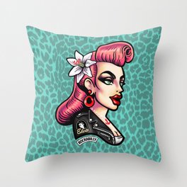 Pink hair Rockabilly Girl Throw Pillow